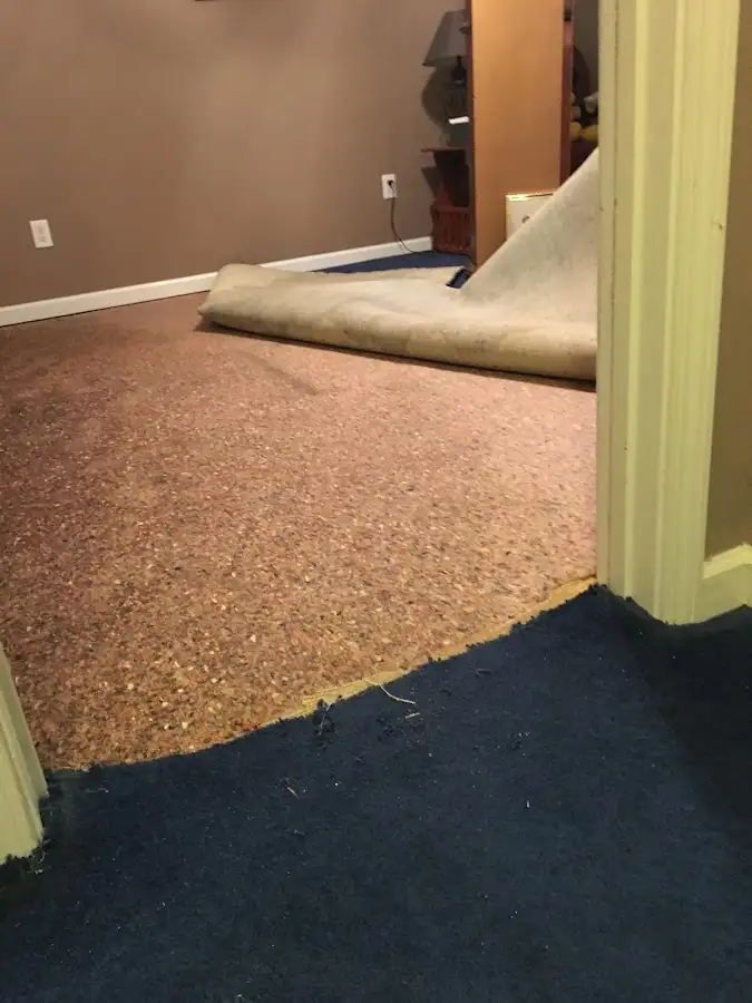 Carpet pad removal revealing water damage during Water Mitigation Services in Moores Mill